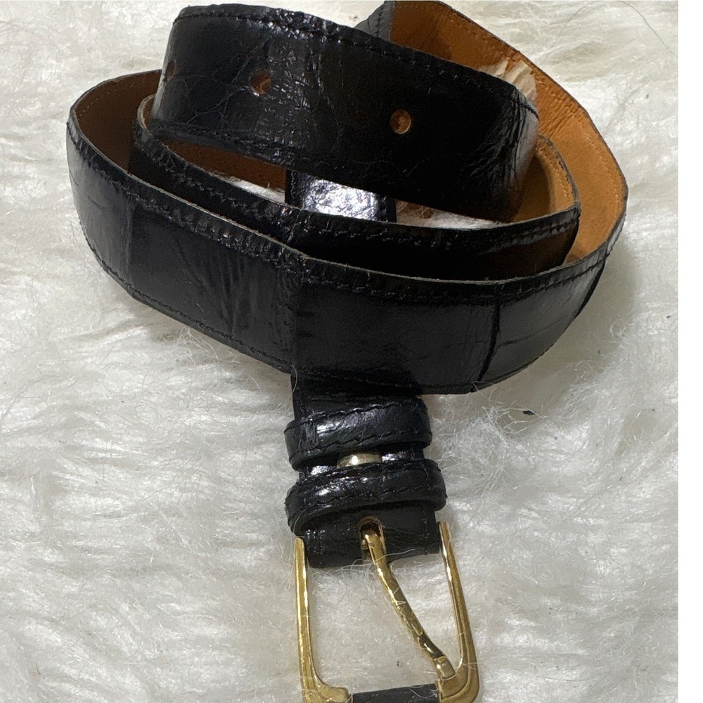 Crocodile Embossed Belt Mens 40/100 Black Gold Buckle Exotic Luxury